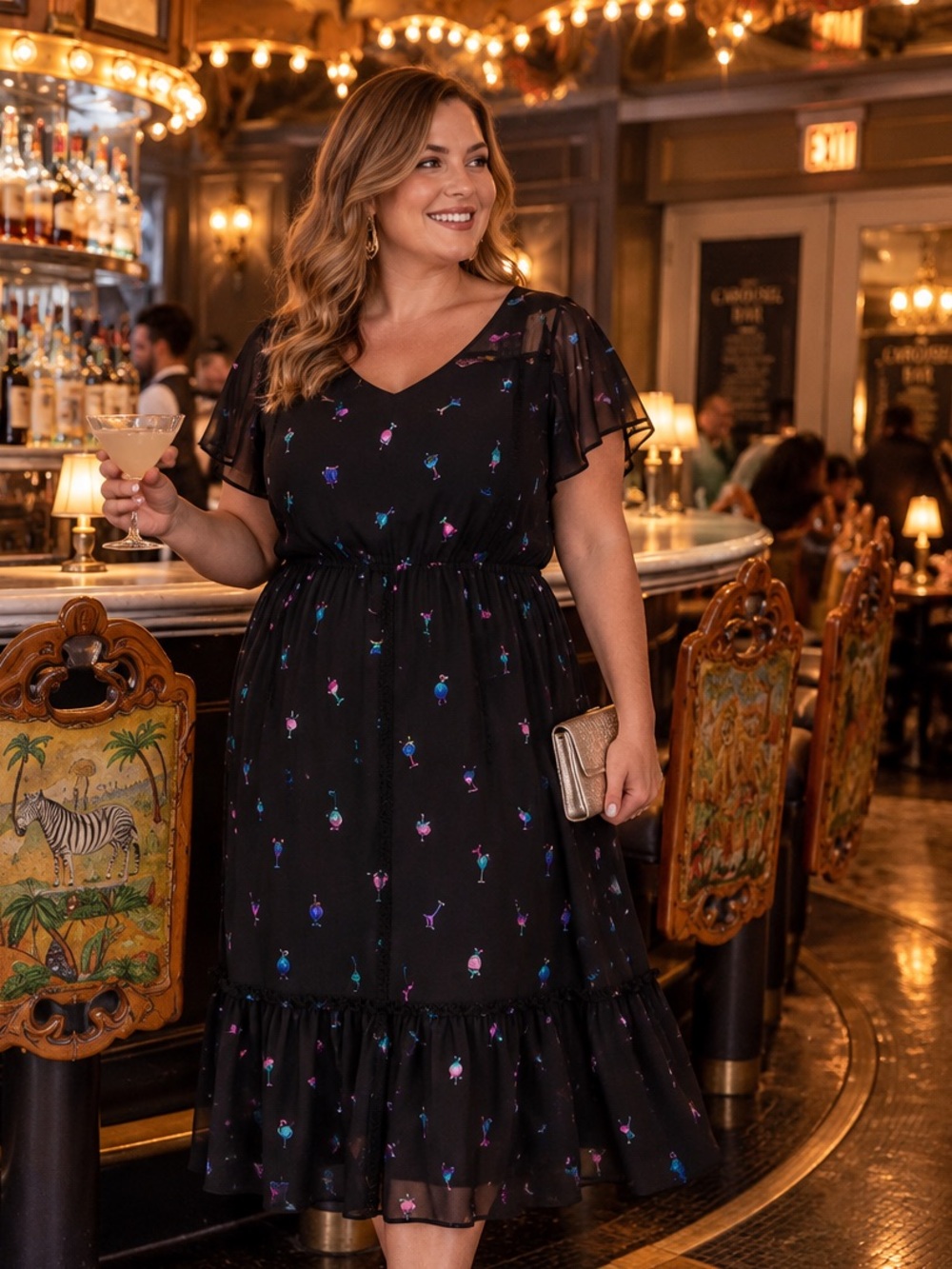 Torrid Cocktail Print Chiffon Midi Dress M L 10 Black Foil Party NWOT NEW